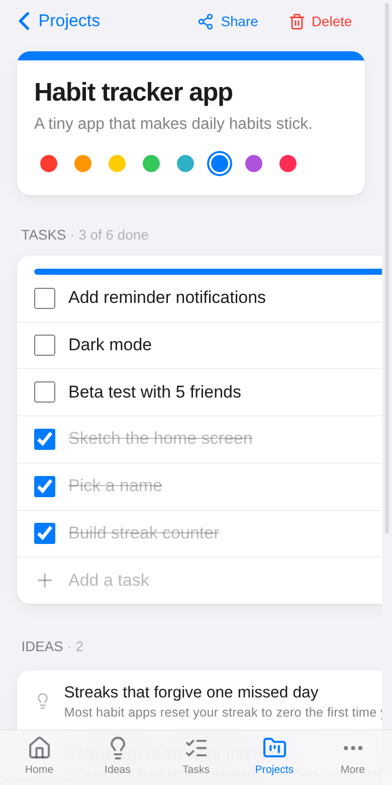 A project with its tasks and ideas