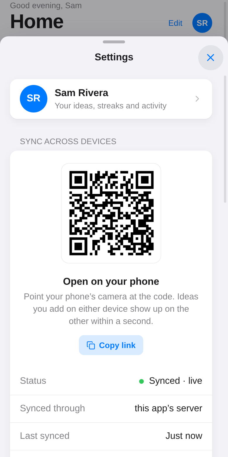 Settings, with the pairing code